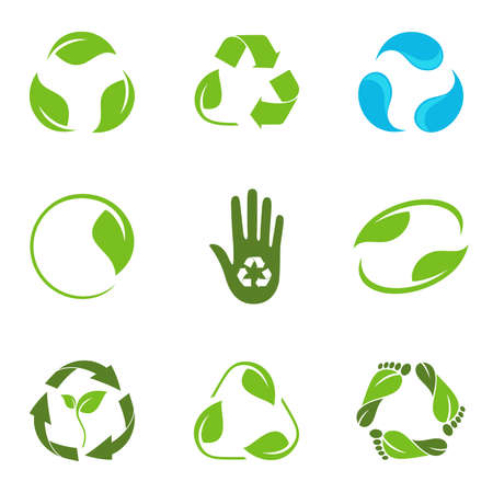 Set of alternative versions of recycling symbol with leaves and water dropletsのイラスト素材