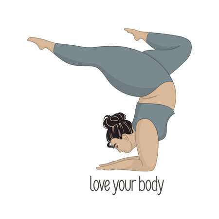 Plus size woman doing forearm stand. Body positivity, Yoga and sport for everybody, Love your body conceptのイラスト素材