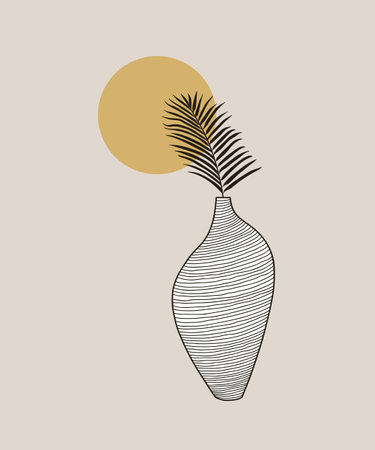 Vase with palm leaf over sun. Abstract geometric illustrationのイラスト素材