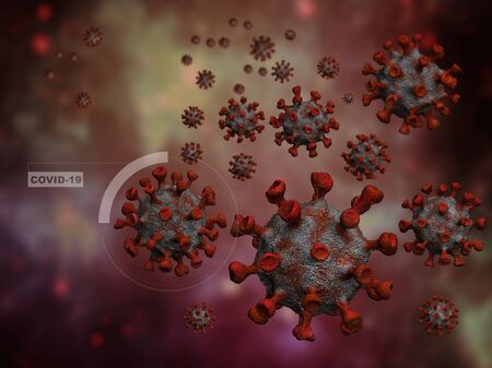 Covid-19 Coronavirus red virus cells illustration on black background. Dangerous global spread pandemic virus. Microbiology and virology concept.の写真素材
