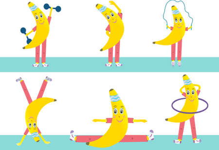 Vector banana is engaged in different sports. Juicy yellow banana fruit character isolated on white background.のイラスト素材