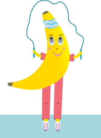 Yellow banana vector jumping rope. Banana goes in for sports. Yellow banana on a white background.のイラスト素材