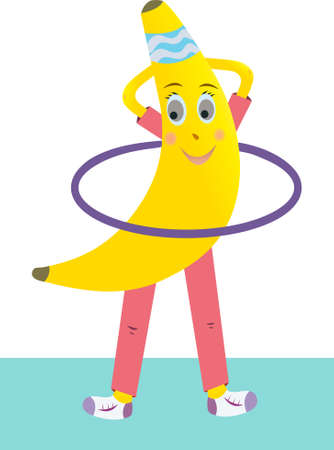 Vector yellow banana twists hoop. Character banana goes in for sports on a white background.のイラスト素材