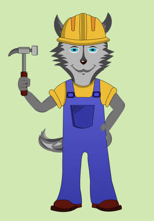 Isolated character dog husky builder profession dressed in blue uniform holds a hammer vectorのイラスト素材