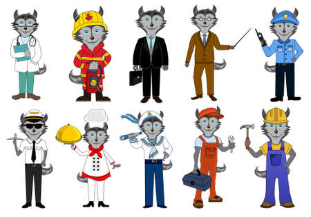 Isolated characters husky dogs of different professions doctor fireman office worker teacher police pilot cook sailor plumber builder vector illustrationのイラスト素材