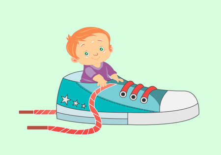 Little boy with red hair green eyes dressed in a purple T-shirt sits in a sneaker with red shoelaces on a green background vectorのイラスト素材