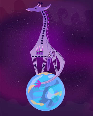 Giraffe stand on planet earth in space stars on purple background vectorのイラスト素材