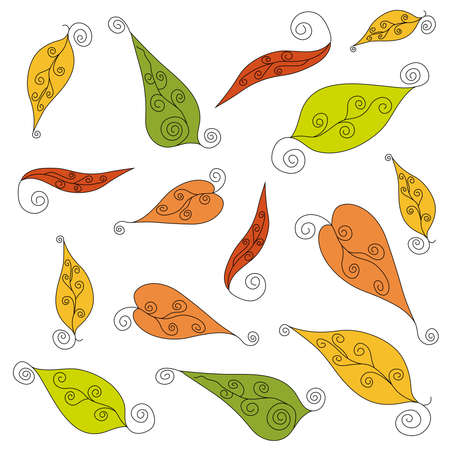 Multicolored swirling spiral leaves of different shapes on a white backgroundのイラスト素材