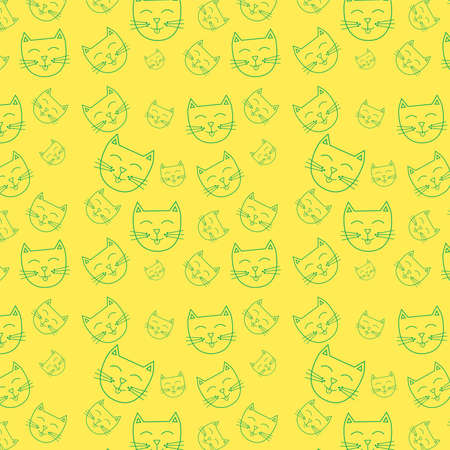 Seamless pattern of cute muzzles kittens with antennae green outline on a yellow background vector doodle cartoonのイラスト素材
