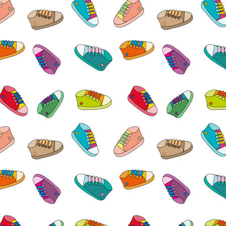 Seamless pattern children shoes multicolored sneakers on a white background vectorのイラスト素材