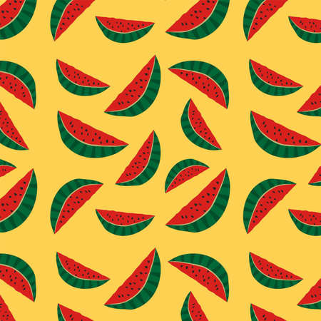 Seamless pattern red juicy pieces of watermelon on a yellow background summer time vector illustration for wallpaperのイラスト素材