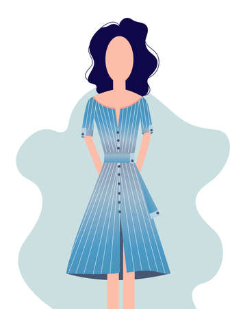 The girl stands in a blue dress with white stripes. Sundress with a belt and buttons. Trendy flat design vector illustration.のイラスト素材