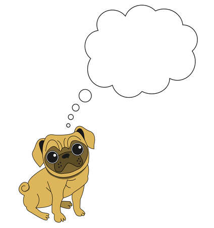 Isolated character pet dog pug with thought bubble thinking on white background vector graphic cartoonのイラスト素材