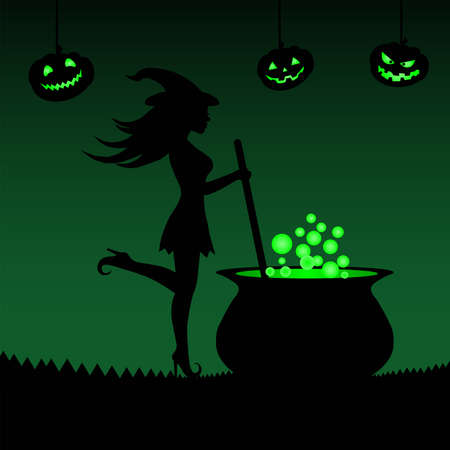 Halloween celebration isolated character young witch in a hat brews a potion in a cauldron from which green bubbles are coming, sinister pumpkins hanging from above vector graphicsのイラスト素材