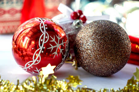 Christmas decorations: red and brown Christmas balls. Christmas backgroundの写真素材