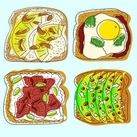 Doodle set of toasts with avocado, Toast bread with pomegranate, mozzarella cheese, egg, pineapples. Sweet toast with strawberry, cheese and pistachios.のイラスト素材