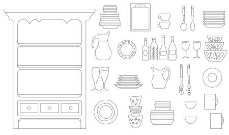 Linear illustration of a sideboard, a set of dishes, kitchen appliances for cooking. Contour isolated objects.のイラスト素材