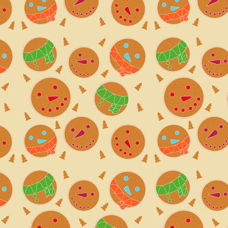 seamless pattern of christmas gingerbread cookies in the shape of circle on white backgroundのイラスト素材