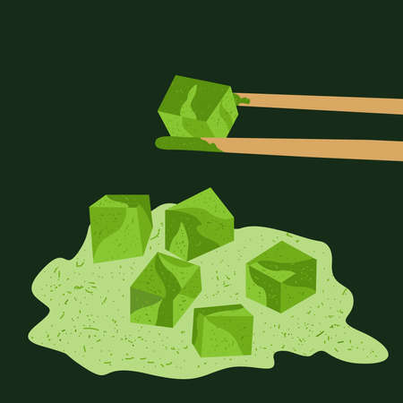 Matcha tea cubes. Bamboo sticks are holding a cube of matcha tea.のイラスト素材