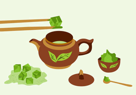 Matcha tea set: teapot, spoon, cup, matcha green tea, sticks. Asian japanese and chinese drink ceremony. Objects isolated on white. Vector illustrationのイラスト素材