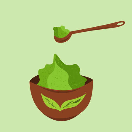 Matcha tea in a cup and spoon with matcha. Vector isolated illustration.のイラスト素材
