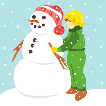 Cute little girl making a snowman. Snowing. Vector color illustration in flat trendy styleのイラスト素材
