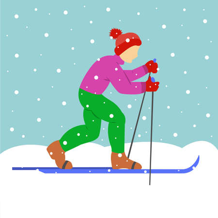 The boy is skiing. Snowing. Winter cold weather. Trendy flat design vector illustrationのイラスト素材
