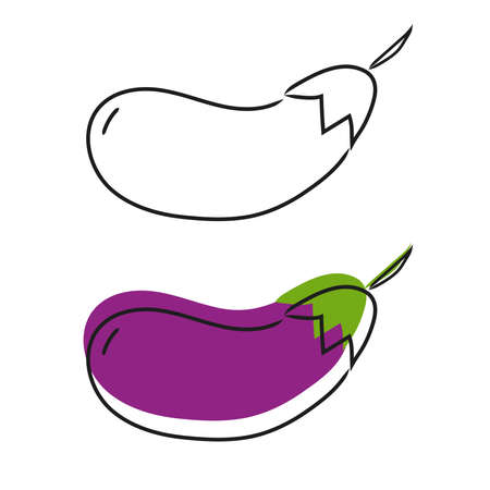 Eggplant is a separate element. Hand drawing. Vector isolated illustration on white background. Doodle style. Vegetarianismのイラスト素材