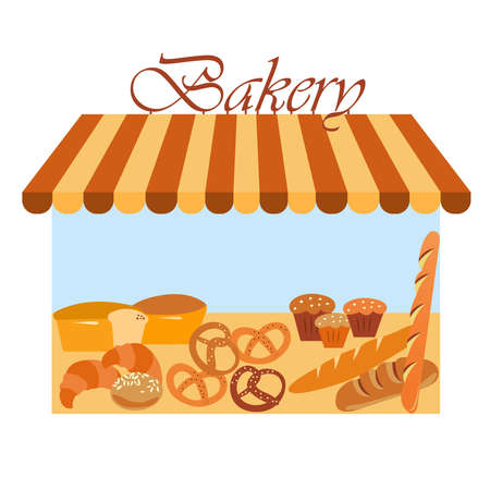 Bakery shop building. Different types of baked goods. Modern architecture. Vector flat design. Grocery store front. Business illustration.のイラスト素材