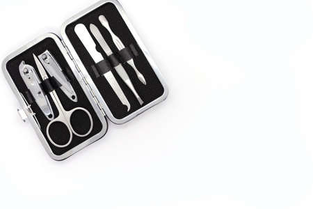 Tools of a manicure set isolated on white background. Top viewの写真素材