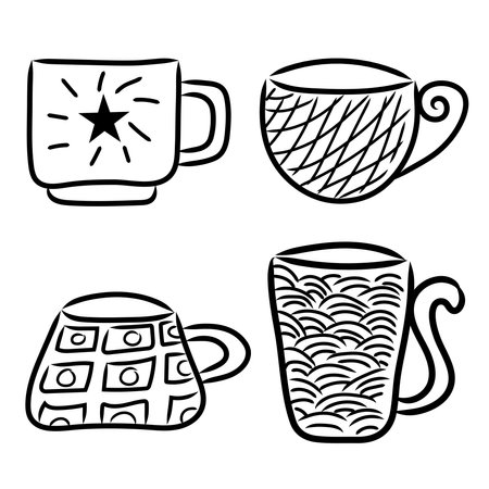 Cups line icon set. Black outline. Hand drawn vector illustration set. Coffee and tea cups doodle.のイラスト素材