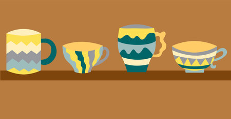 Cute tea cups with geometric pattern. Cups in yellow and grey colors. Cute cups are on the shelf.のイラスト素材