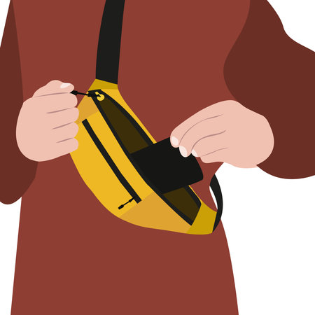Yellow fanny pack. The guy puts the phone in his fanny pack. The hand takes out the phone. Vector flat illustration.のイラスト素材