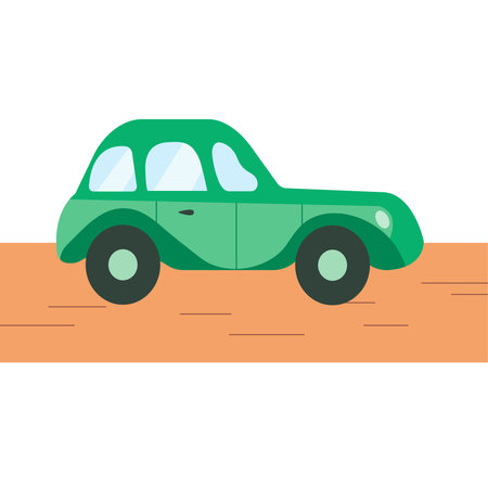 A green flat car is driving on the road. Vector illustration isolated on white background. Eco-friendly carのイラスト素材