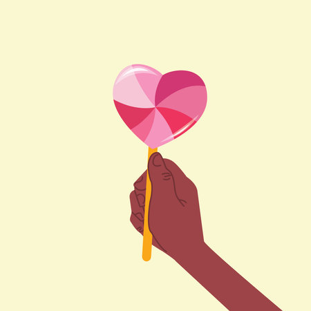 Dark-skinned hand holds heart-shaped lollipop candy. Valentine's day gift. Celebrating Valentine's Day. Flat vector illustration.のイラスト素材
