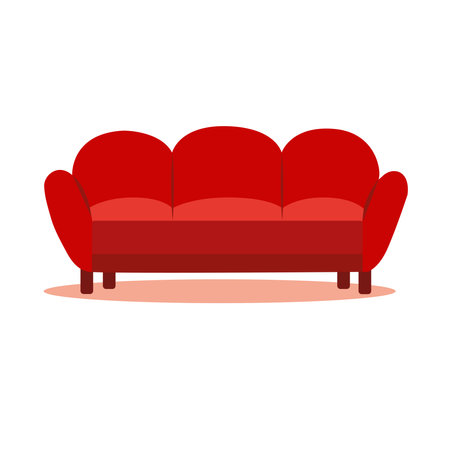 Comfortable red sofa on white background. Isolated red couch lounge in interior. Vector flat cartoon style illustrationのイラスト素材