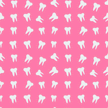 Sparkling tooth seamless pattern on a pink background. Dental care. Dental health. Vector flat illustrationのイラスト素材