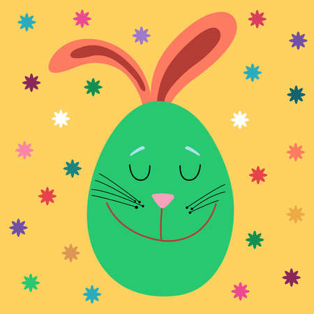 Easter green egg with bunny ears on yellow background. Colored egg for easter holiday. Easter decoration. Happy Easter. Vector cartoon illustration.のイラスト素材