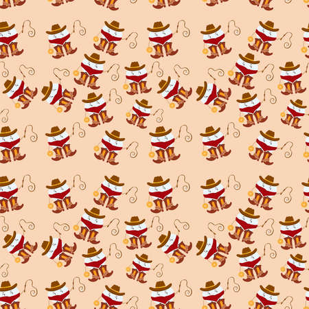 Seamless pattern tooth fairy cowboy. Cartoon vector illustration. Character in a cowboy hat and cowboy boots holds a whip with a tooth and a sparkling coinのイラスト素材