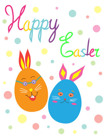 Happy easter. Colorful Happy Easter greeting card with eggs and bunny elements composition. Vector flat illustration.のイラスト素材