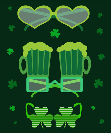 Saint Patricks Day design elements. Irish party vector decoration glasses. Vector flat illustration on background with clovesのイラスト素材