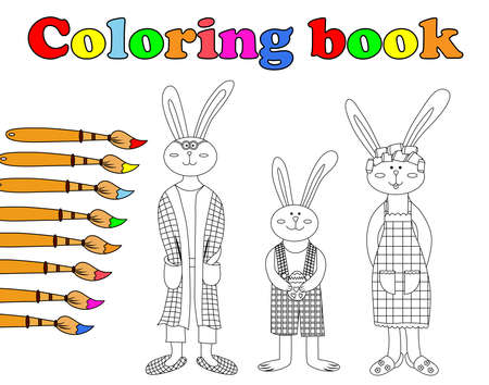 Happy Easter. Cute cartoon hare family vector coloring page outline. Bunny rabbit family. Vector illustration of happy rabbits family in morning. Coloring book for childrenのイラスト素材