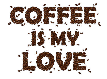 Coffee is my love lettering. Coffee bean lettering. Hand drawn lettering. Brown text.のイラスト素材