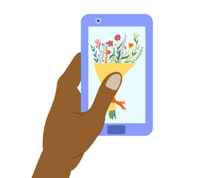 Mobile shopping. Buys bouquet of flowers for present. Black hand hold smart phone and shopping in the online store. Application of online flower delivery. Flat vector illustration.のイラスト素材