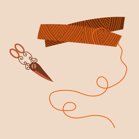 Spools of brown thread and scissors. Sewing accessories. Two skeins of thread. Vintage scissorsのイラスト素材