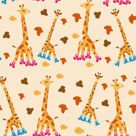 Funny cartoon roller-skating giraffes seamless pattern. Childrens illustration animals go in for sports. Cute loving giraffes. Giraffes on rollers. Kids patternのイラスト素材