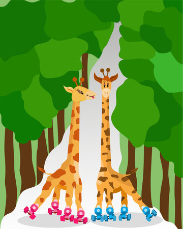 Funny cartoon roller-skating giraffes in the park. Childrens illustration animals go in for sports. Cute loving giraffes. Giraffes on rollers. Vector illustrationのイラスト素材