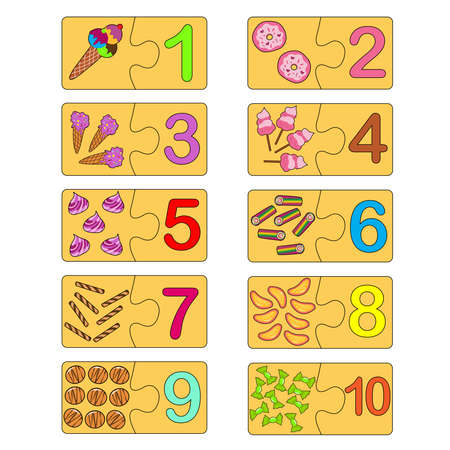 Educational game for kids. Correct version of assembled puzzles. Collection puzzle with numbers and sweets. Learning numbers. Puzzle Game, Mosaic. Type numbers.のイラスト素材