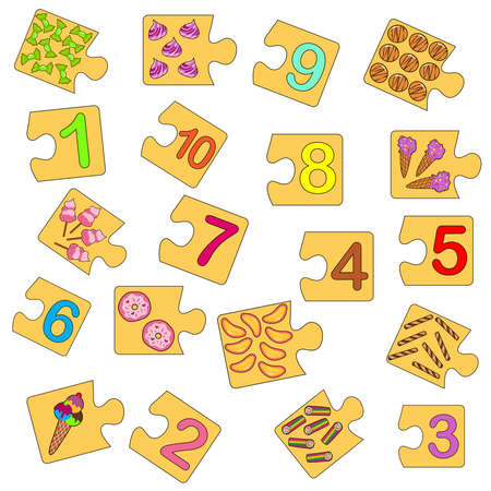 Educational game for kids. Find the right picture for the number. Collection puzzle with numbers and sweets. Puzzle Game, Mosaic. Type numbersのイラスト素材