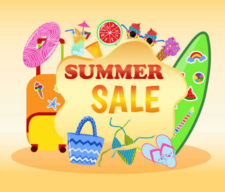 Summer sale vector banner design for promotion with colorful summer elements. Summer Sale promo web banner. Hot season discount poster with ice cream, sunglasses, surfboard, suitcase, swimsuit.のイラスト素材